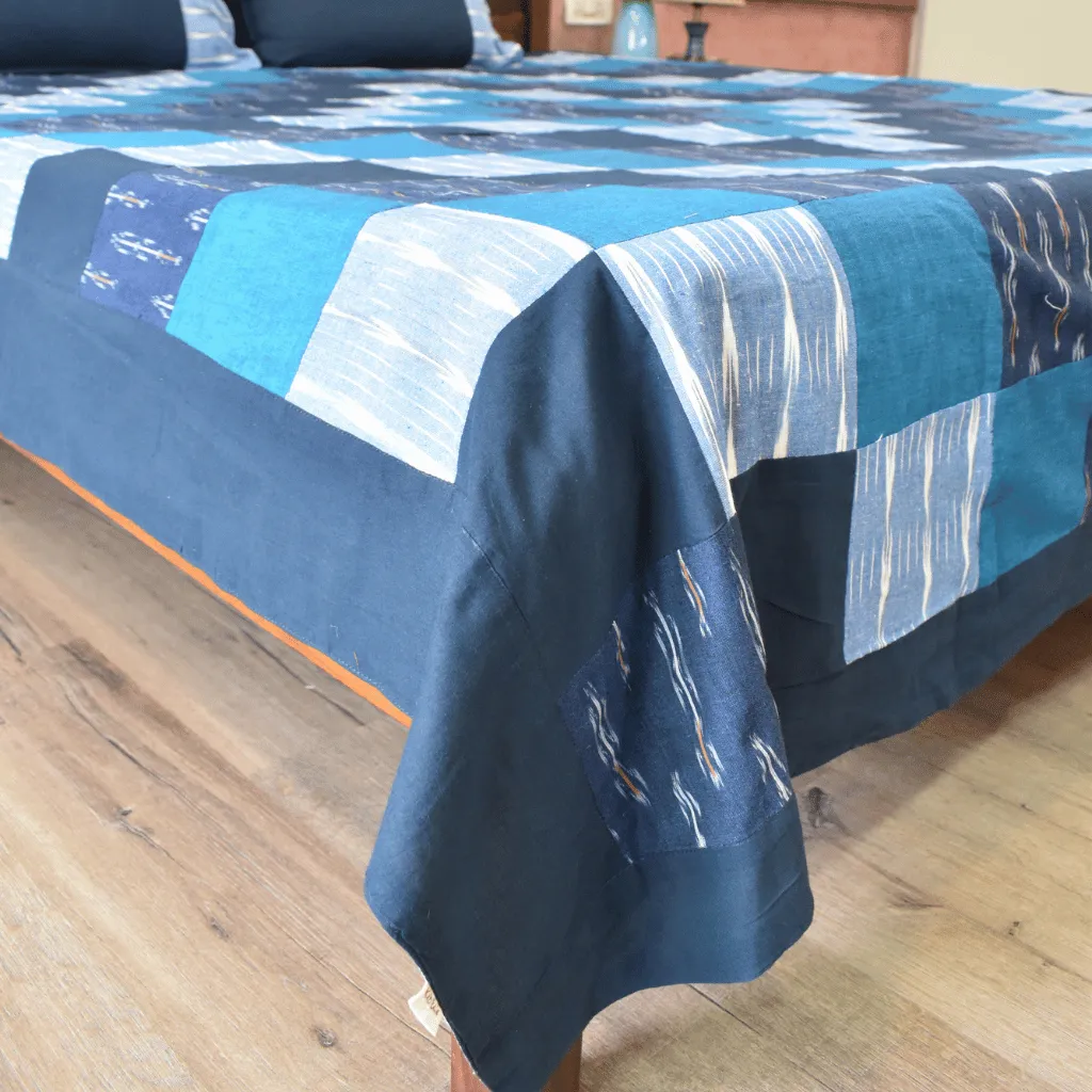 Ikat Patchwork Double Bedcover in Blue