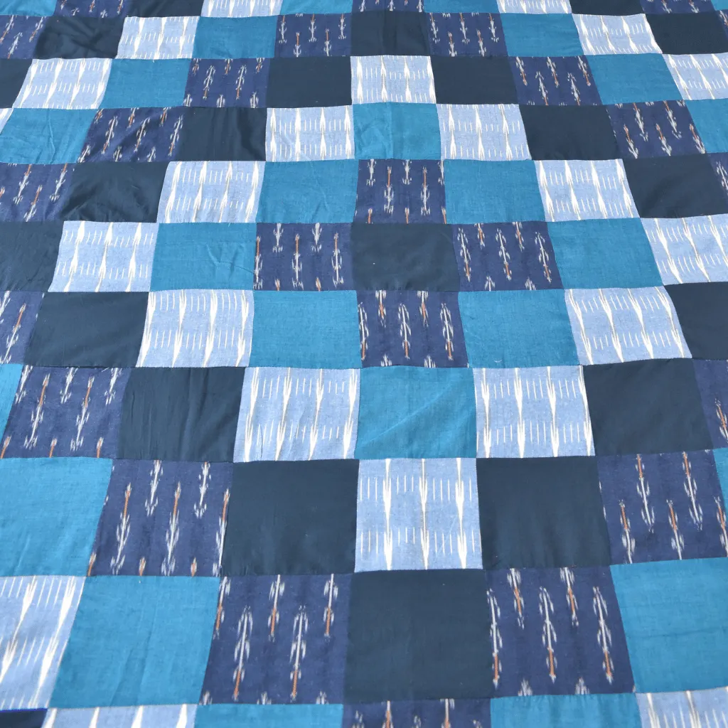 Ikat Patchwork Double Bedcover in Blue
