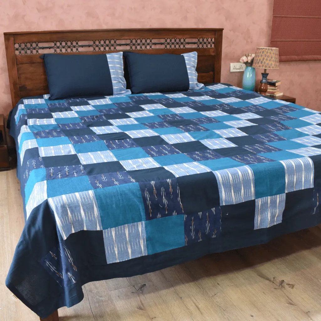 Ikat Patchwork Double Bedcover in Blue