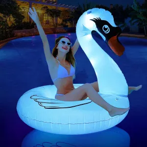 Inflatable Swan Pool Float with Colorful Lights, LED Color Changing Swan Swim Giant Tube Rings, 42'' Large Pool Beach Floaties Floaty Funny Summer Pool Float for Adults