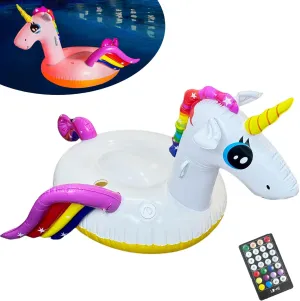 Inflatable Unicorn Pool Float with Lights,Flamingo Pool Floats On with Cup Holder & Handles，60'' Large Glow in The Dark Pool Float Ride Funny Unicorn for Lake Party Summer Water Fun for Adults