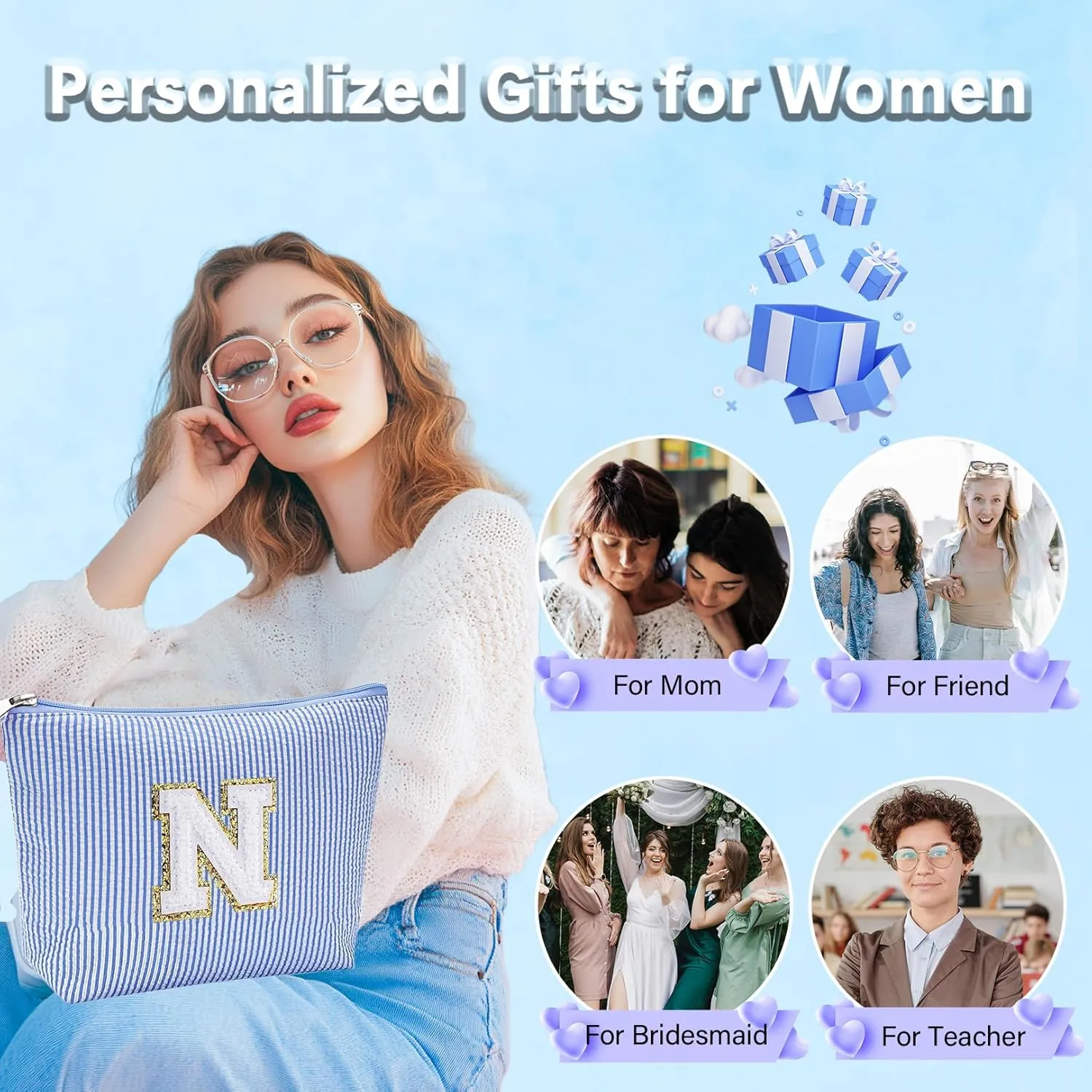Initial Gifts Travel Cosmetic Makeup Pouch Bags Sets for Purse, Stoney Clover Dupes Pouch Makeup Bag, Personalized Cosmetic Bags Set for Women, Make up Bag for Teen Girls 13 14 15 16 17 (R, Blue)