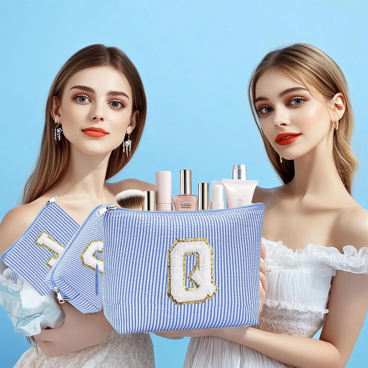 Initial Gifts Travel Cosmetic Makeup Pouch Bags Sets for Purse, Stoney Clover Dupes Pouch Makeup Bag, Personalized Cosmetic Bags Set for Women, Make up Bag for Teen Girls 13 14 15 16 17 (R, Blue)