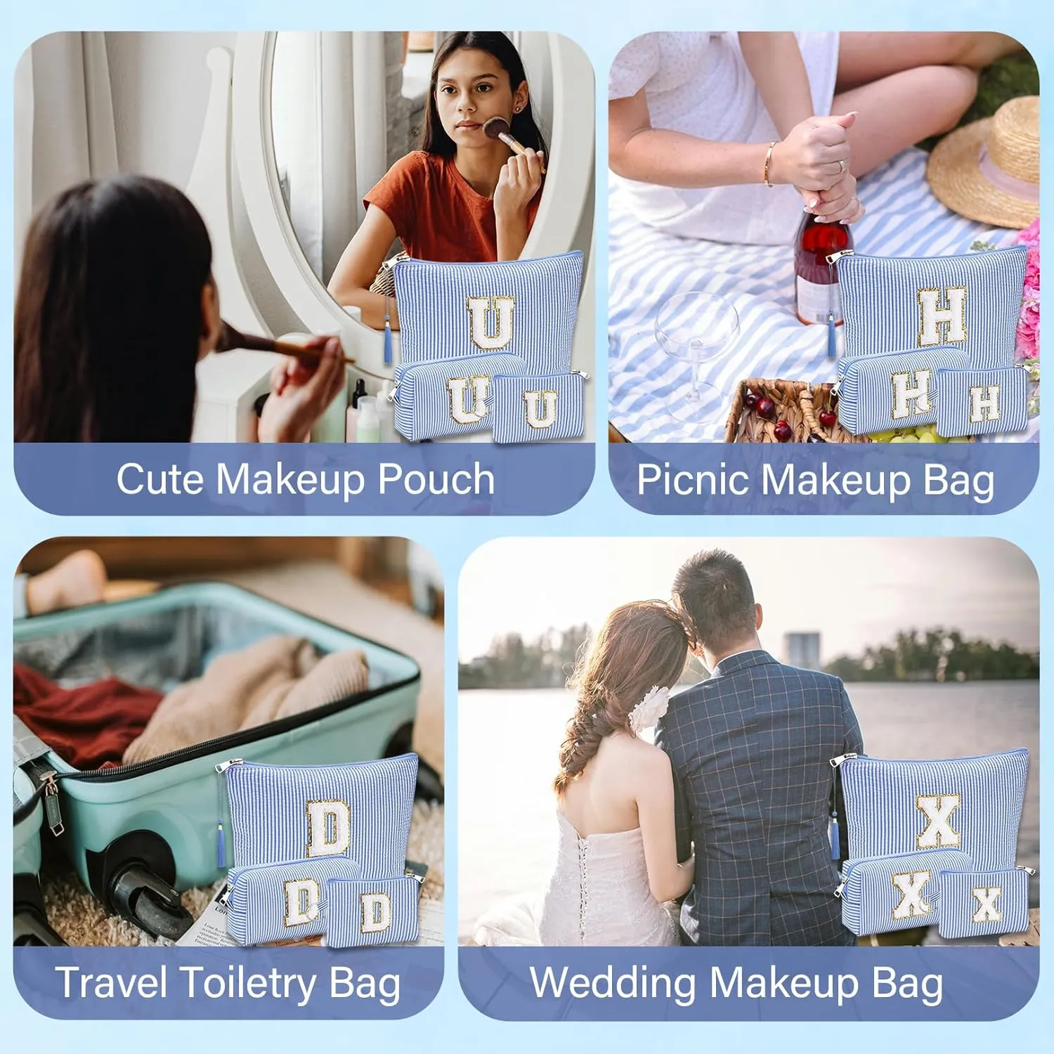 Initial Gifts Travel Cosmetic Makeup Pouch Bags Sets for Purse, Stoney Clover Dupes Pouch Makeup Bag, Personalized Cosmetic Bags Set for Women, Make up Bag for Teen Girls 13 14 15 16 17 (R, Blue)
