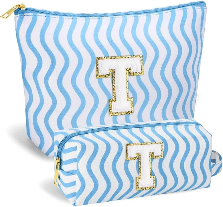 Initial Makeup Bag - Cute Makeup Bag Girl Makeup Bag, Personalized Gifts Teen Girl Gifts Toiletry Bag Cosmetic Travel Bag Makeup Bags Daughter Gifts Mom Gift Birthday Gifts for Women (Blue T)