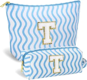 Initial Makeup Bag - Cute Makeup Bag Girl Makeup Bag, Personalized Gifts Teen Girl Gifts Toiletry Bag Cosmetic Travel Bag Makeup Bags Daughter Gifts Mom Gift Birthday Gifts for Women (Blue T)