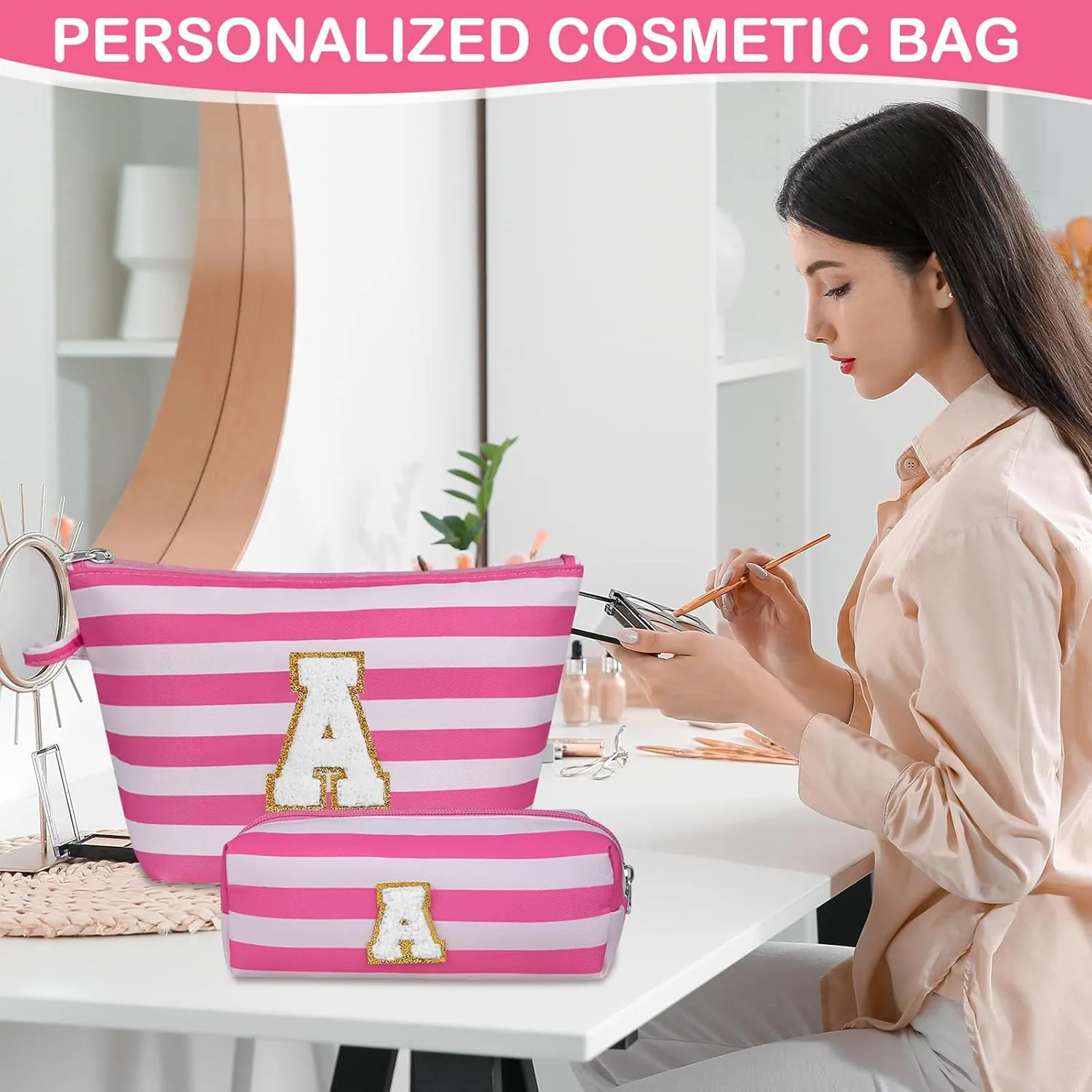 Initial Makeup Bag Set, Personalized Stripe Cosmetic Bag, Waterproof Travel Toiletry Bag, Cute Makeup Pouch for Women Preppy Teen Girls Gift Trendy Stuff Gift (Pink A)