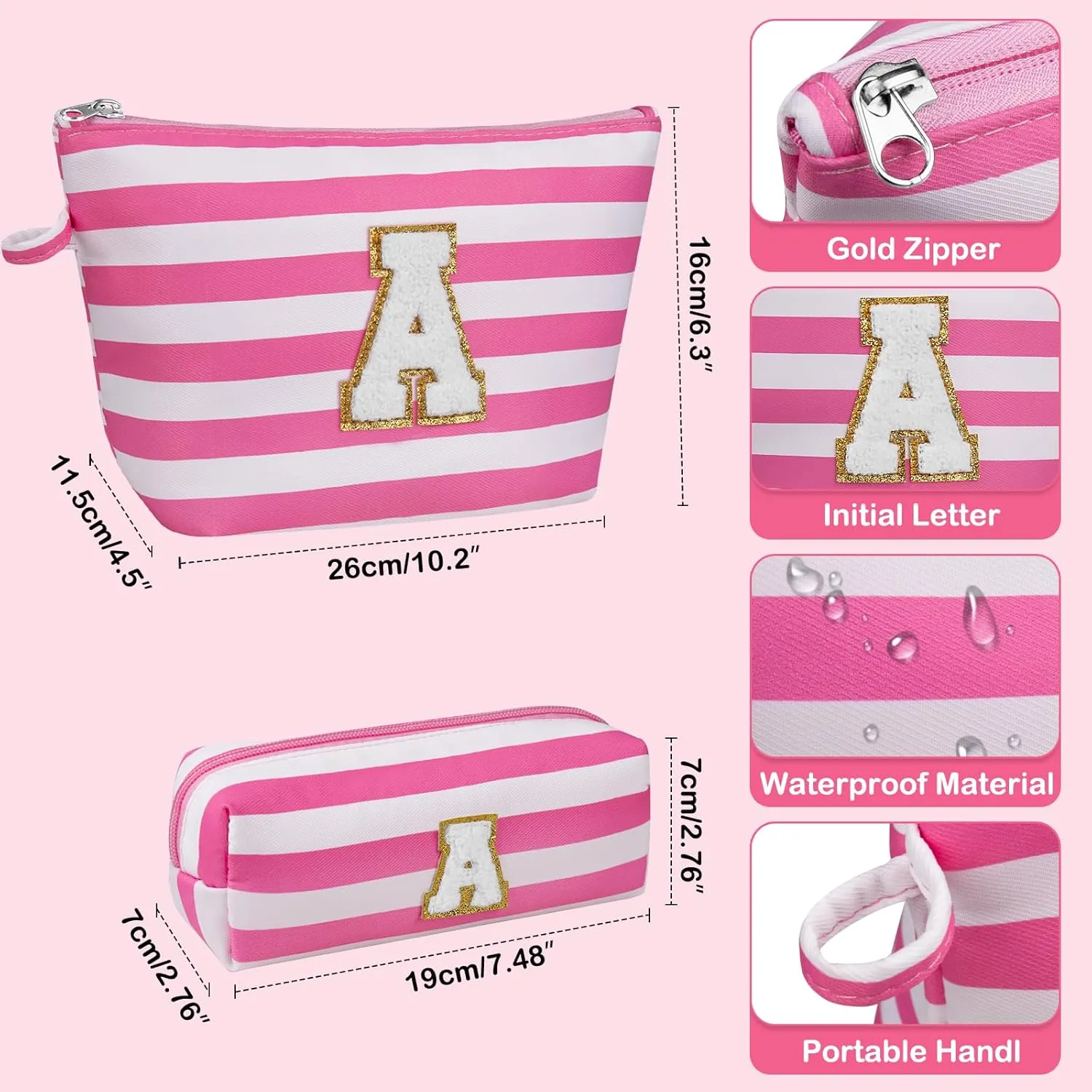 Initial Makeup Bag Set, Personalized Stripe Cosmetic Bag, Waterproof Travel Toiletry Bag, Cute Makeup Pouch for Women Preppy Teen Girls Gift Trendy Stuff Gift (Pink A)