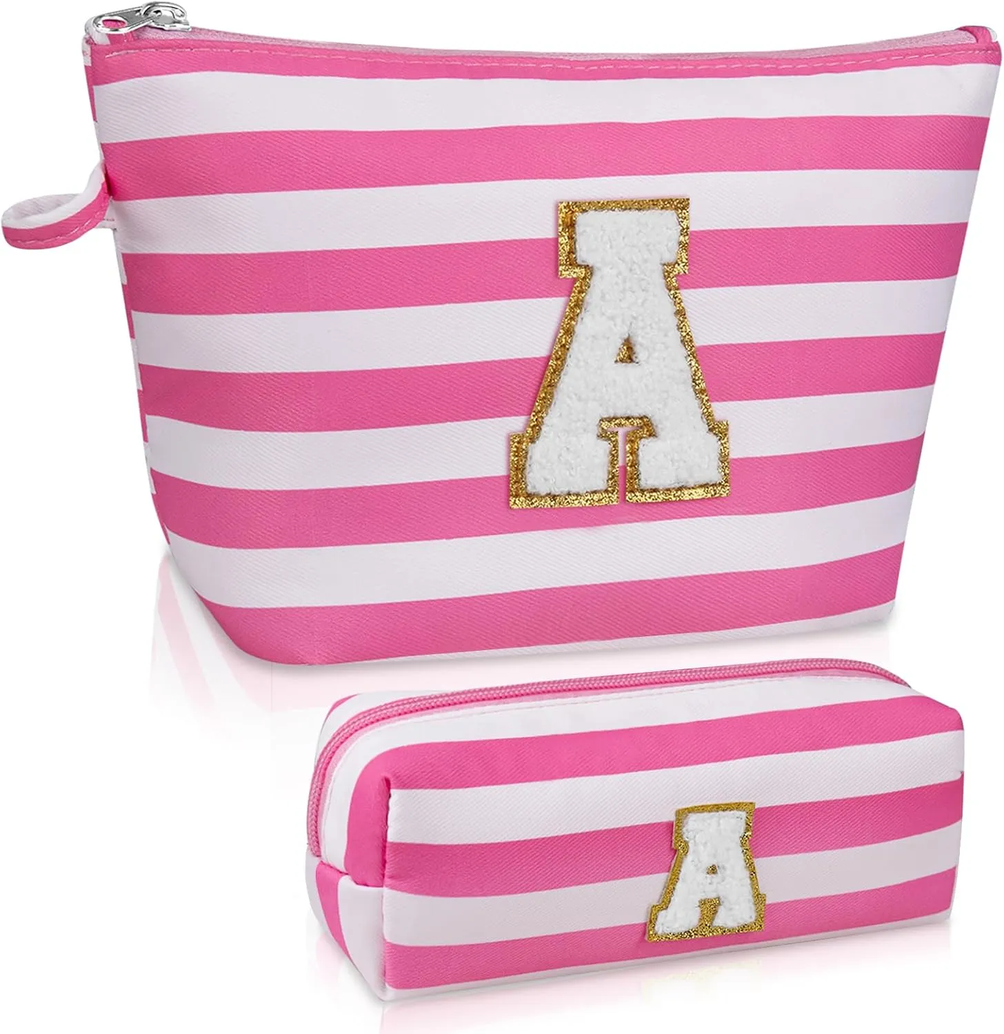 Initial Makeup Bag Set, Personalized Stripe Cosmetic Bag, Waterproof Travel Toiletry Bag, Cute Makeup Pouch for Women Preppy Teen Girls Gift Trendy Stuff Gift (Pink A)