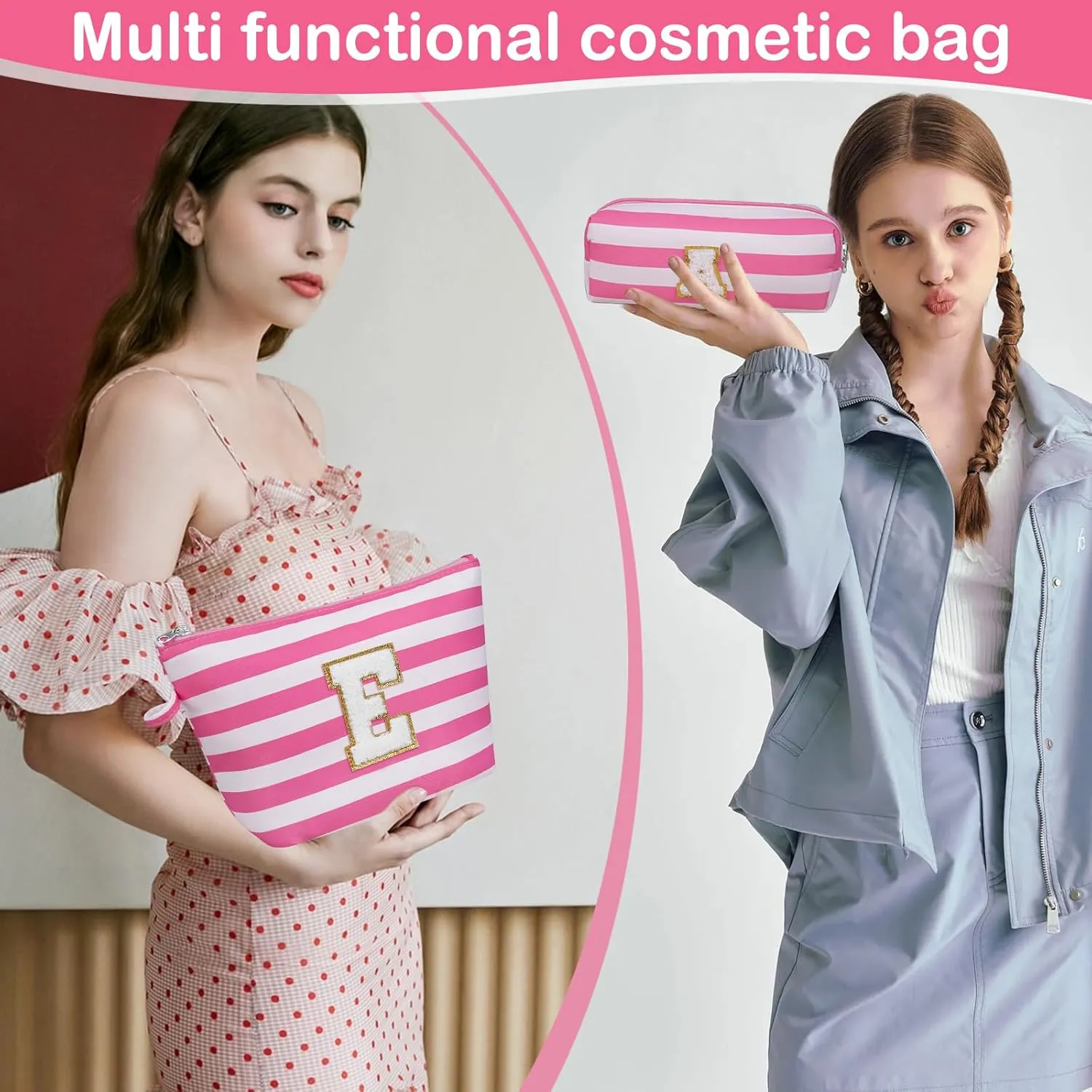 Initial Makeup Bag Set, Personalized Stripe Cosmetic Bag, Waterproof Travel Toiletry Bag, Cute Makeup Pouch for Women Preppy Teen Girls Gift Trendy Stuff Gift (Pink A)