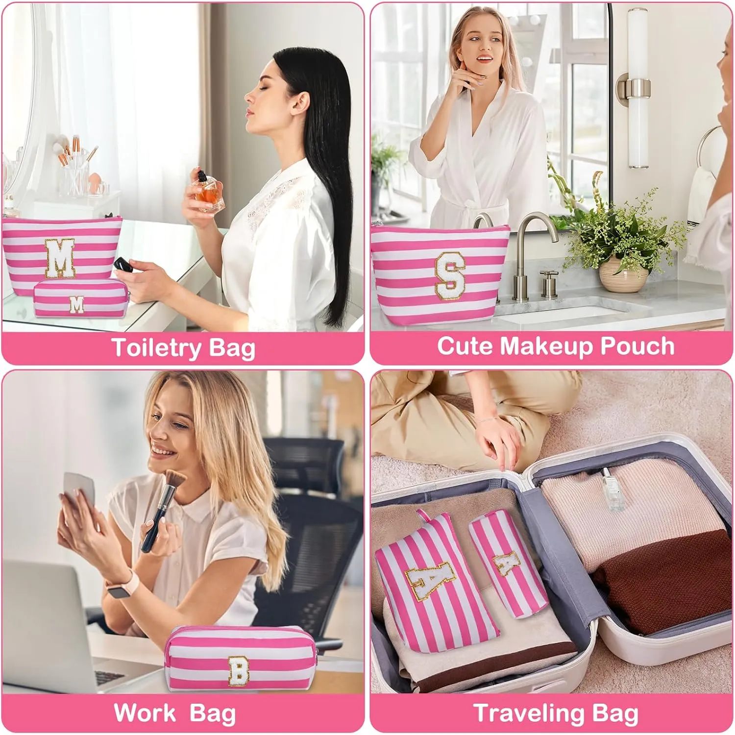 Initial Makeup Bag Set, Personalized Stripe Cosmetic Bag, Waterproof Travel Toiletry Bag, Cute Makeup Pouch for Women Preppy Teen Girls Gift Trendy Stuff Gift (Pink A)