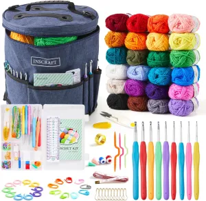 INSCRAFT Crochet Kit for Beginners Adults Kids - Great Knitting Starter Kit for Colorful Craft for Professionals, Make Amigurumi Projects includes 24 Colors Yarn, Hooks, Instructions, a Durable Bag