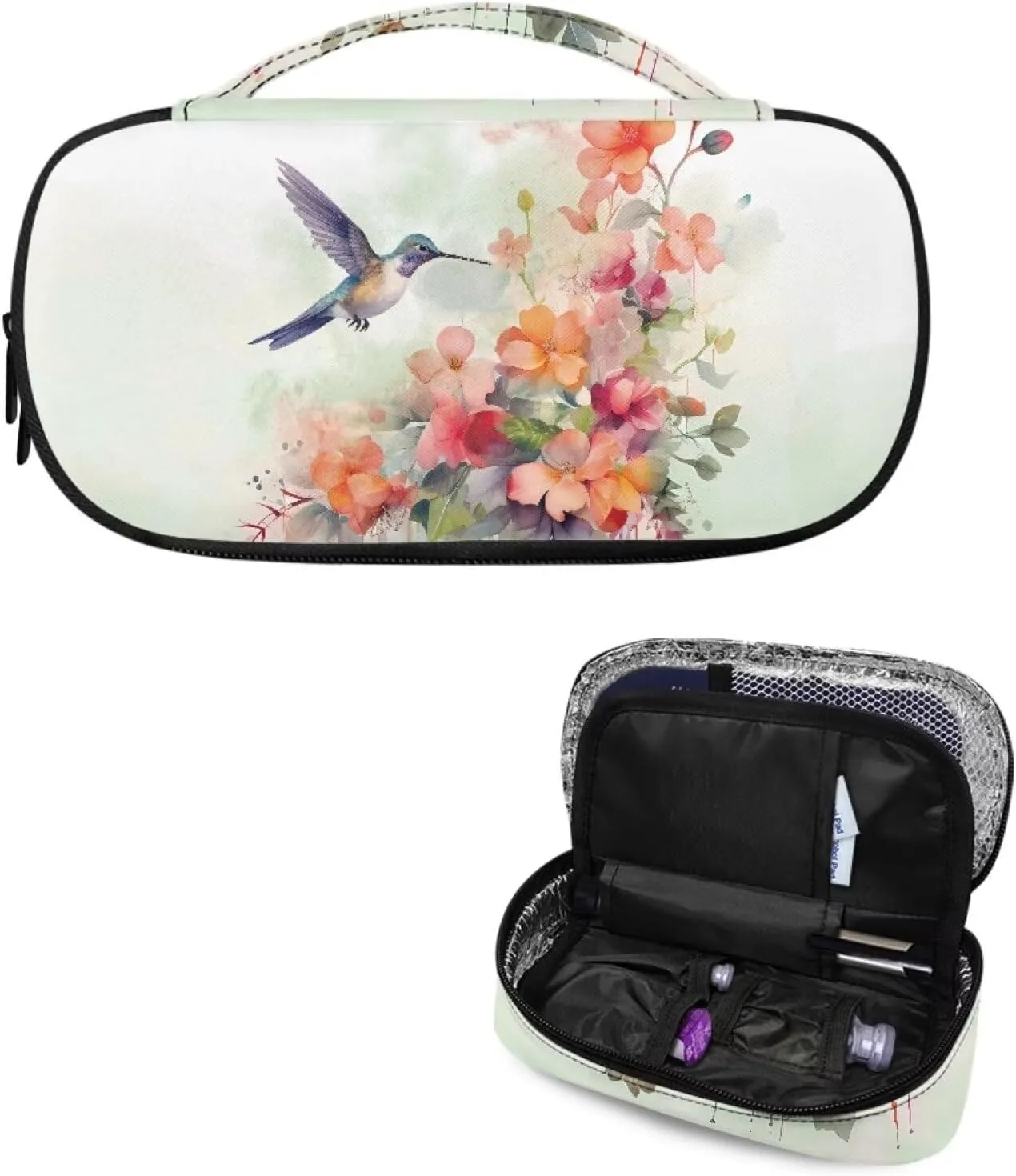 Insulin Storage Bag Colorful Flowers Hummingbird Print Travel Carrying Bag with Side Handle Diabetic Medication Cooler Bags Travel Case for Insulin Pens