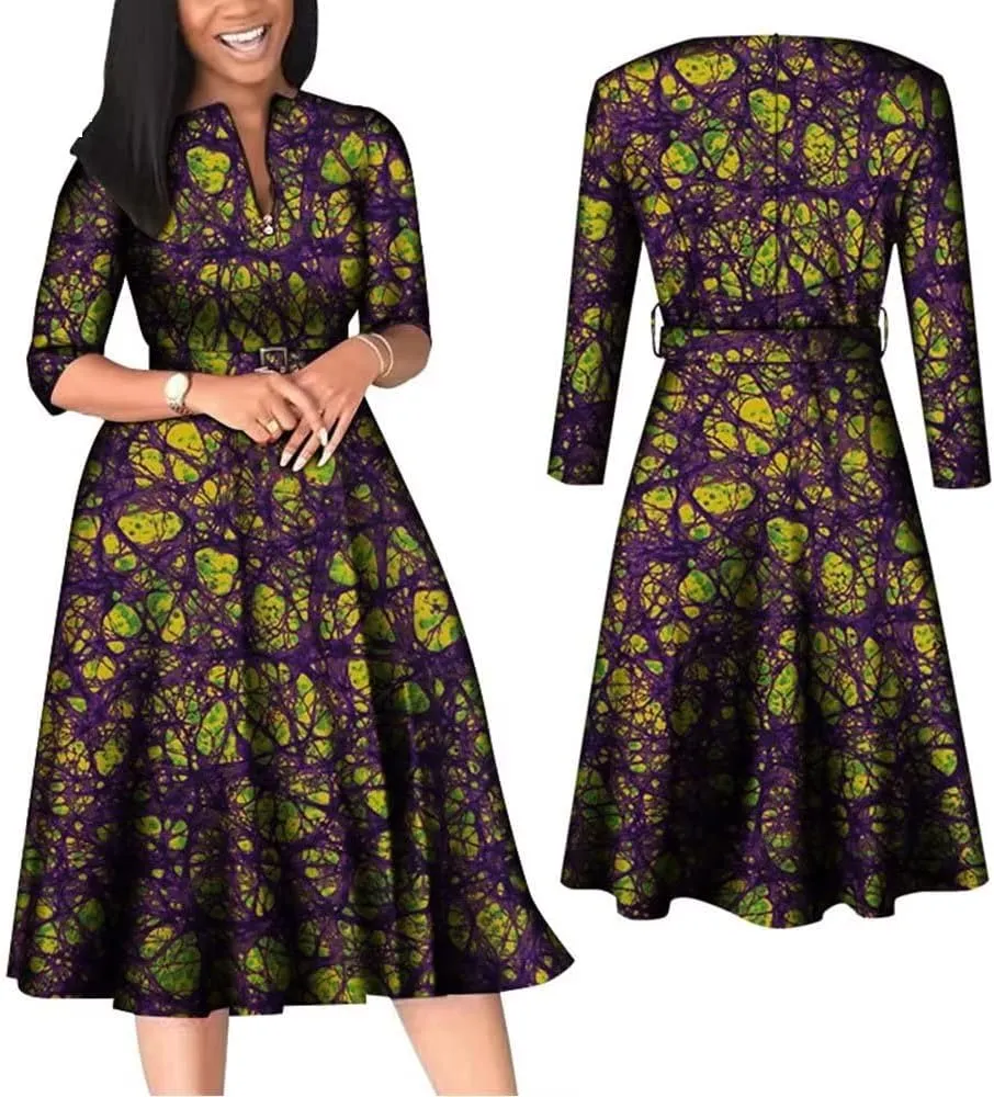 iooiooi African Dresses for Women Long Sleeve Patchwork Office Dresses Cotton Lady Print Party Clothing