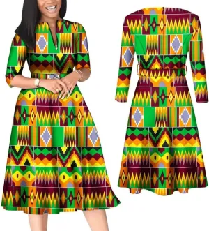 iooiooi African Dresses for Women Long Sleeve Patchwork Office Dresses Cotton Lady Print Party Clothing