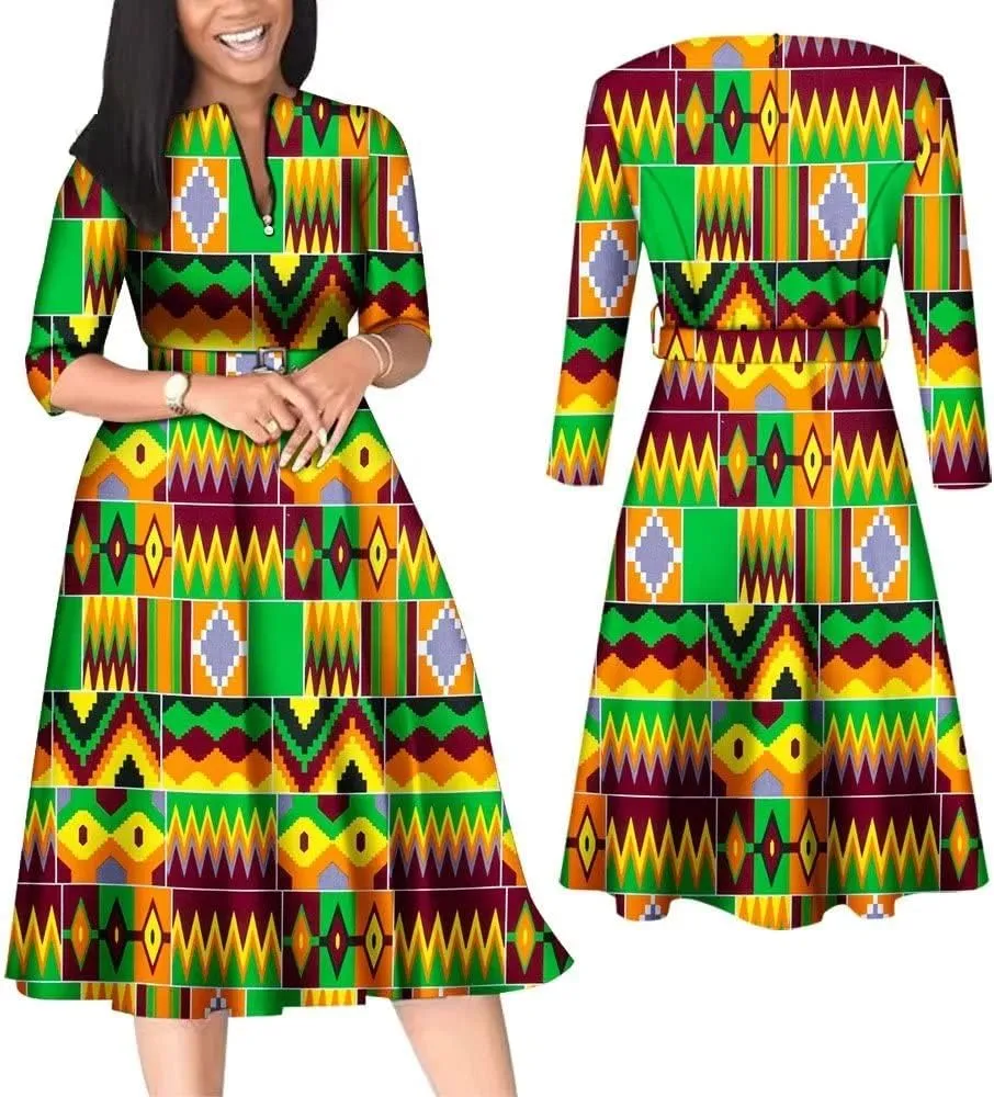iooiooi African Dresses for Women Long Sleeve Patchwork Office Dresses Cotton Lady Print Party Clothing