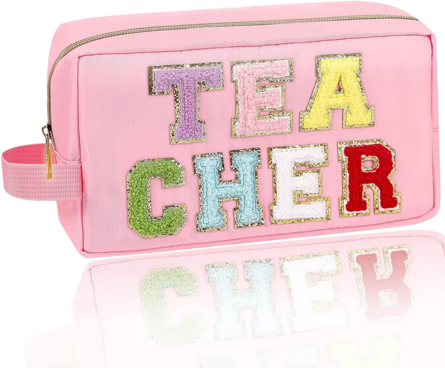 Iqimott Preppy Patch Makeup Bag, Chenille Letter Makeup Pouch Teacher Appreciation Gifts Small Toiletry Bag for Women Girls, Nylon Organizer Zipper Pouch Cosmetic Purse for Travel(Pink, Teacher)