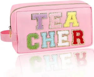 Iqimott Preppy Patch Makeup Bag, Chenille Letter Makeup Pouch Teacher Appreciation Gifts Small Toiletry Bag for Women Girls, Nylon Organizer Zipper Pouch Cosmetic Purse for Travel(Pink, Teacher)
