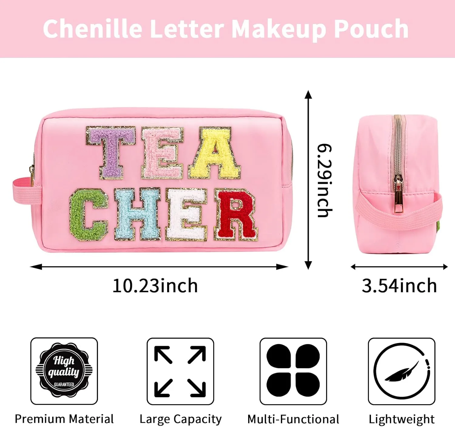 Iqimott Preppy Patch Makeup Bag, Chenille Letter Makeup Pouch Teacher Appreciation Gifts Small Toiletry Bag for Women Girls, Nylon Organizer Zipper Pouch Cosmetic Purse for Travel(Pink, Teacher)