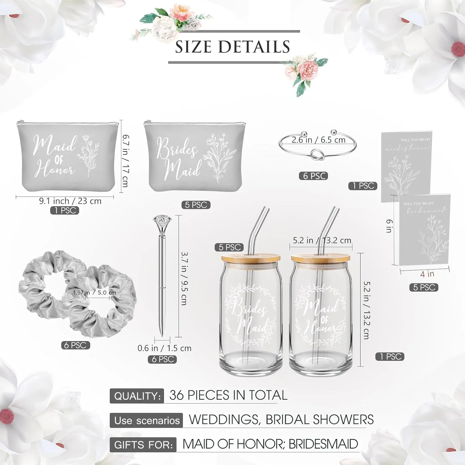 Irenare 36 Pcs Bridesmaid Proposal Gifts Bridal Shower Gifts 16 oz Glass Cup Cosmetic Makeup Bags Invited Cards Scrunchies Hair Knotted Bracelets Diamond Pens Favors for Wedding (Gray)
