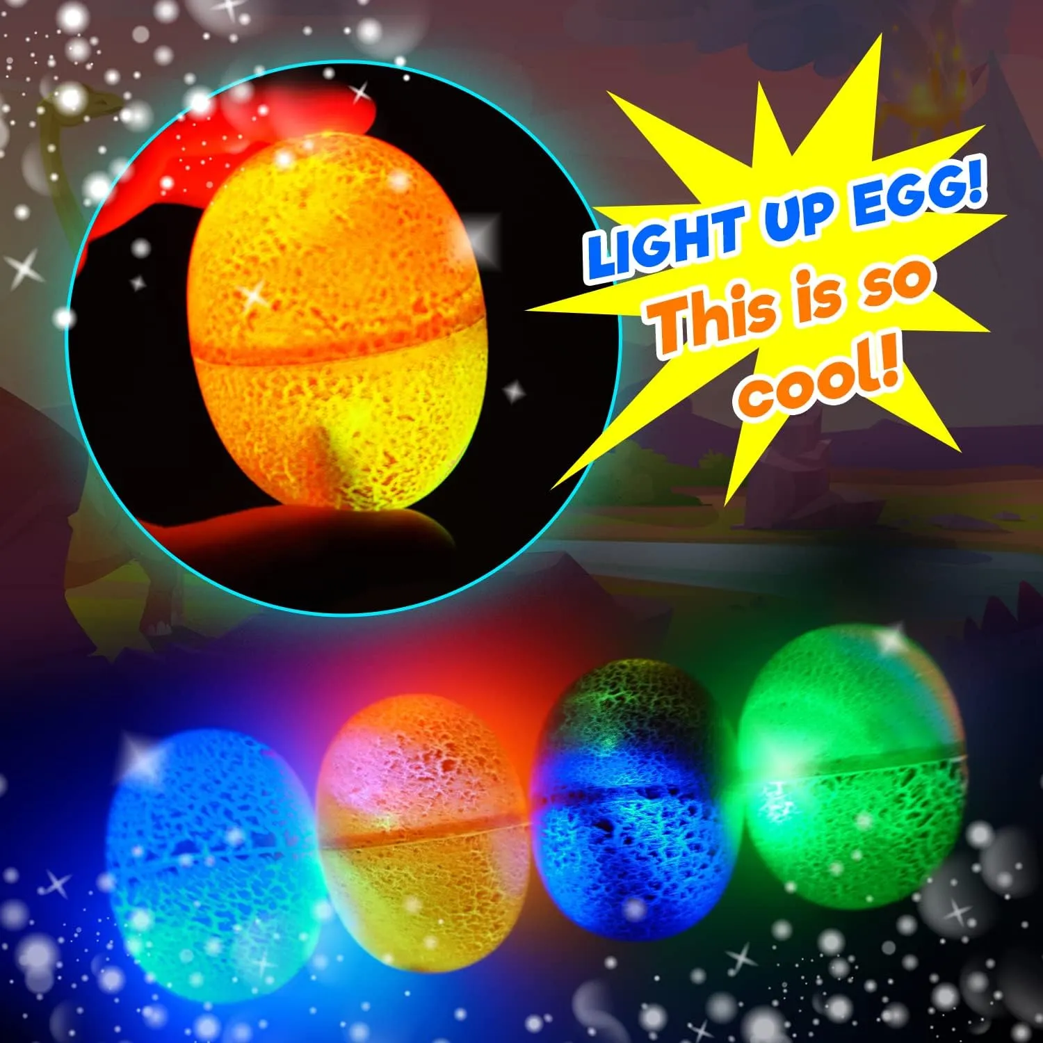 JA-RU Slime Dinosaur Eggs with Lights - Assorted 4 Eggs - Includes Surprise Dinosaur, Neon Slime, Flashing Lights - Easter Toys for Kids - Bulk Party Favors and Gifts 1749-4s