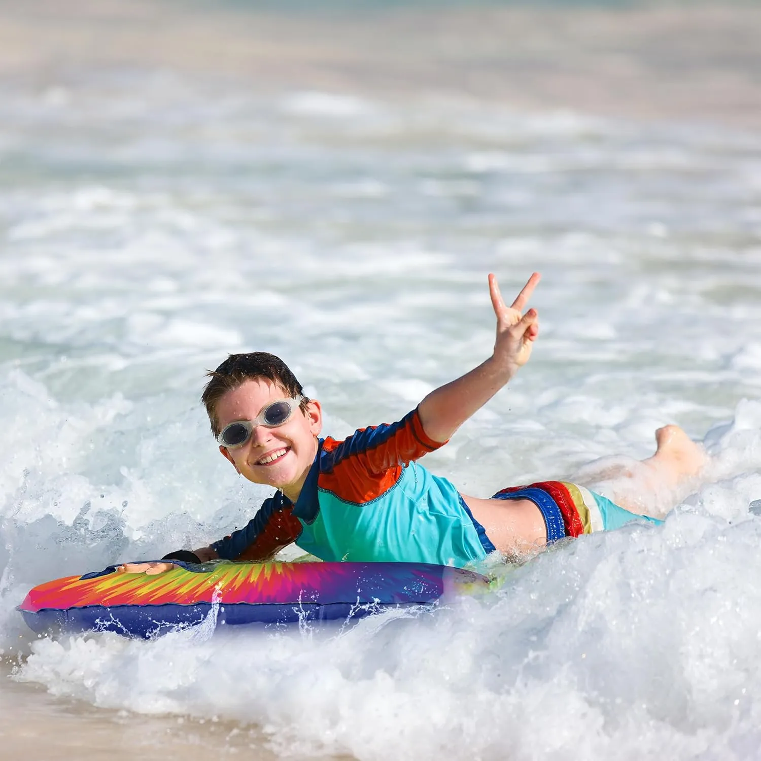 JAMBO Inflatable Surf Body Board with Handles, Boogie Board for Beach, Surfing Swimming Floating Surfboard Boards, Pool Floats Pool Beach Toy for Kids (Tie-Dye and Water Color Double Pack) - 2 Pack