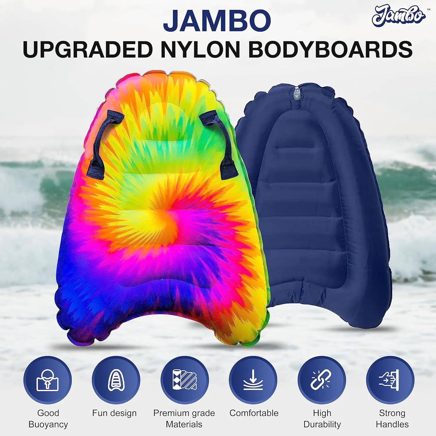 JAMBO Inflatable Surf Body Board with Handles, Boogie Board for Beach, Surfing Swimming Floating Surfboard Boards, Pool Floats Pool Beach Toy for Kids (Tie-Dye and Water Color Double Pack) - 2 Pack