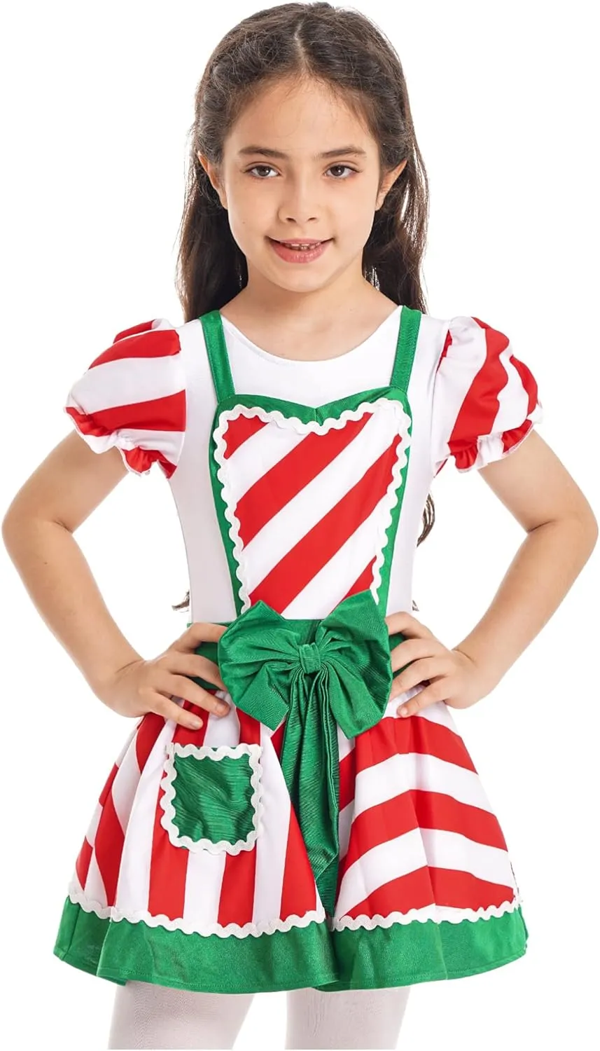 JEATHA Kids Girls Figure Skating Baton Twirling Tutu Dress Christmas Candy Cane Striped Dance Costume