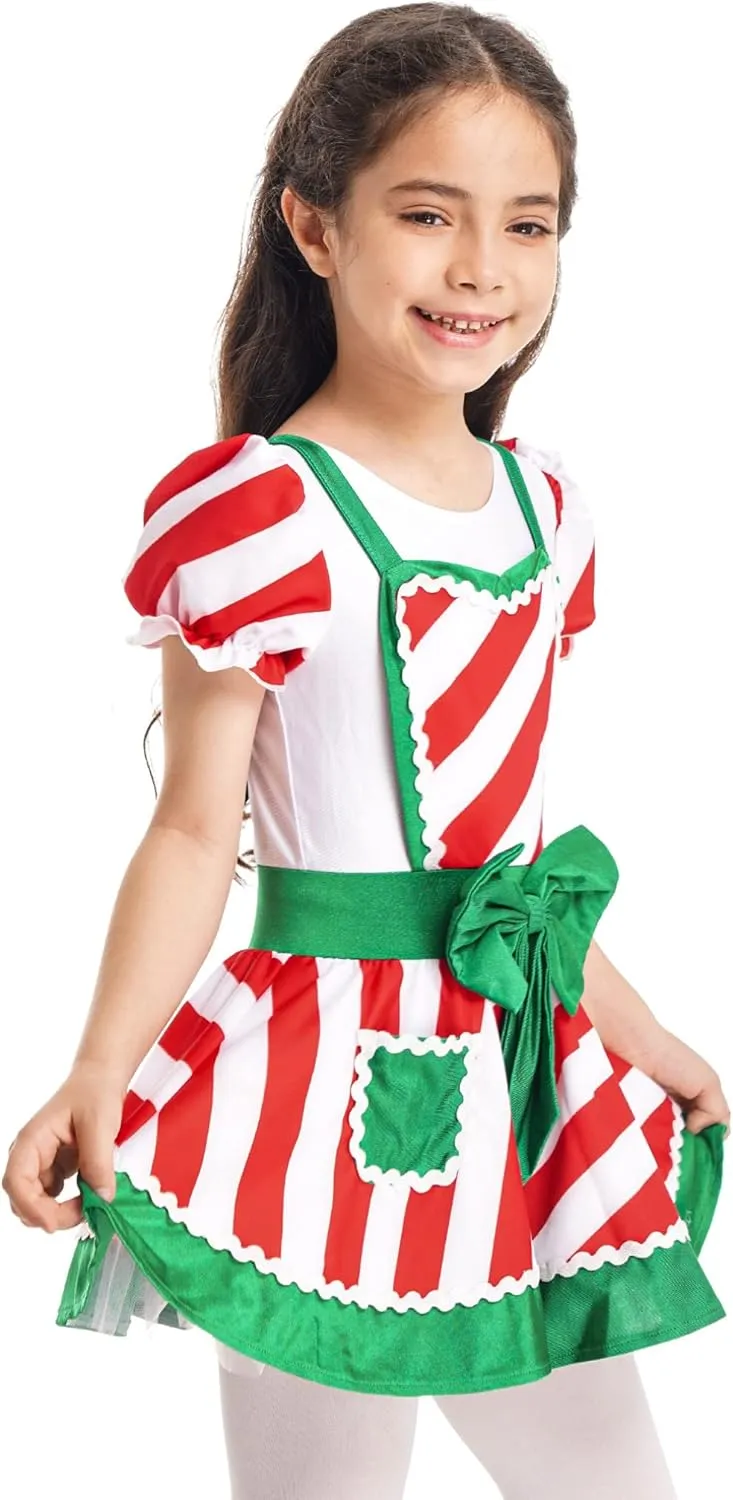 JEATHA Kids Girls Figure Skating Baton Twirling Tutu Dress Christmas Candy Cane Striped Dance Costume