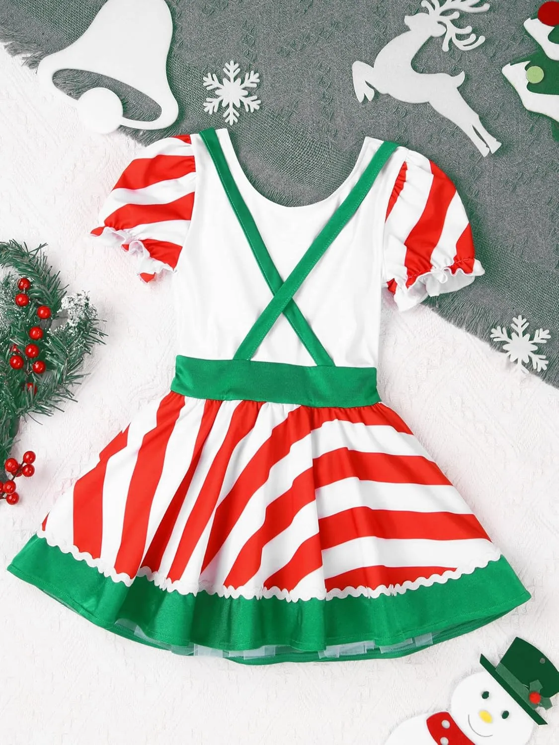 JEATHA Kids Girls Figure Skating Baton Twirling Tutu Dress Christmas Candy Cane Striped Dance Costume