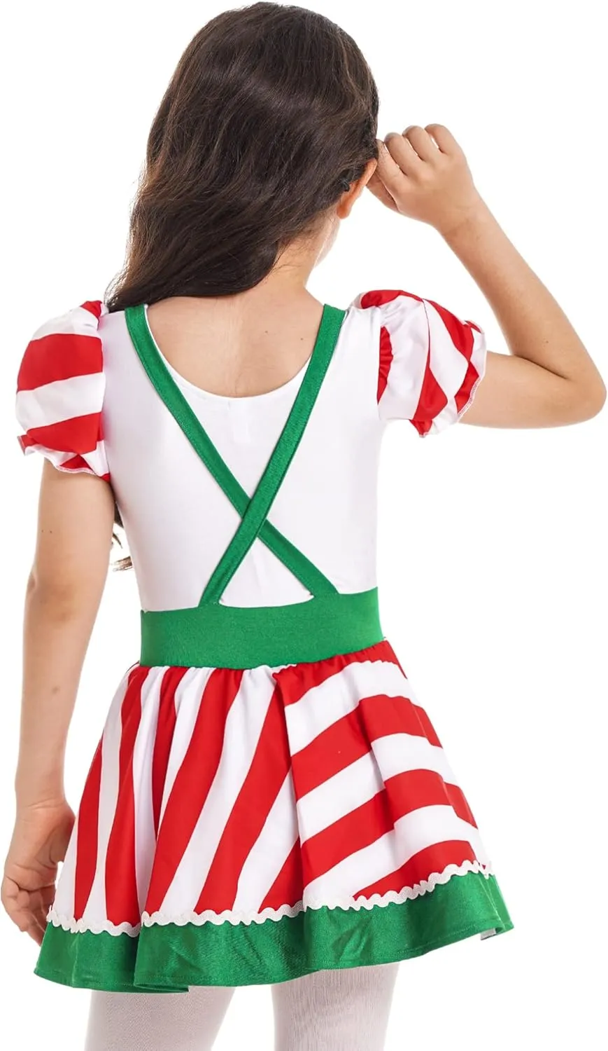 JEATHA Kids Girls Figure Skating Baton Twirling Tutu Dress Christmas Candy Cane Striped Dance Costume