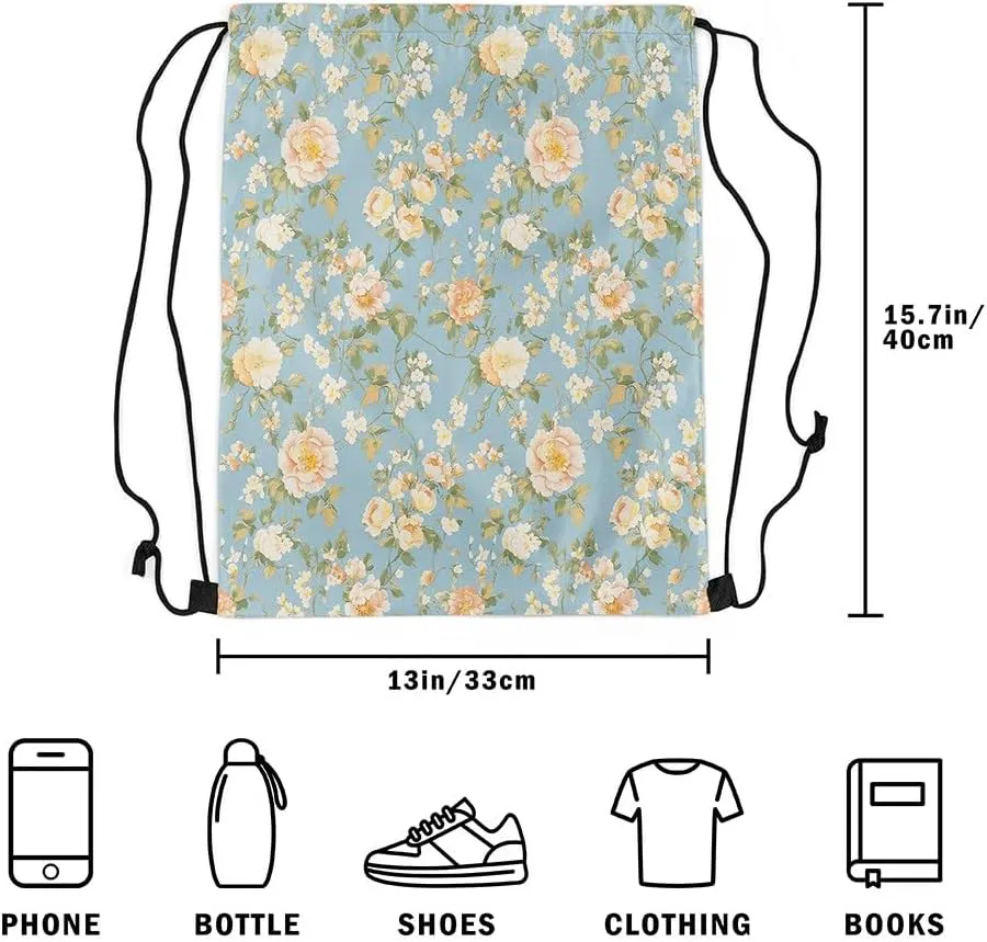 jejeloiu Blossom Floral Drawstring Backpack 13x15.7inch Botanical Flower Printed Waterproof Gym Drawstring Bags Green Sports String Backpack Beach Swim Travel Bag Sackpack