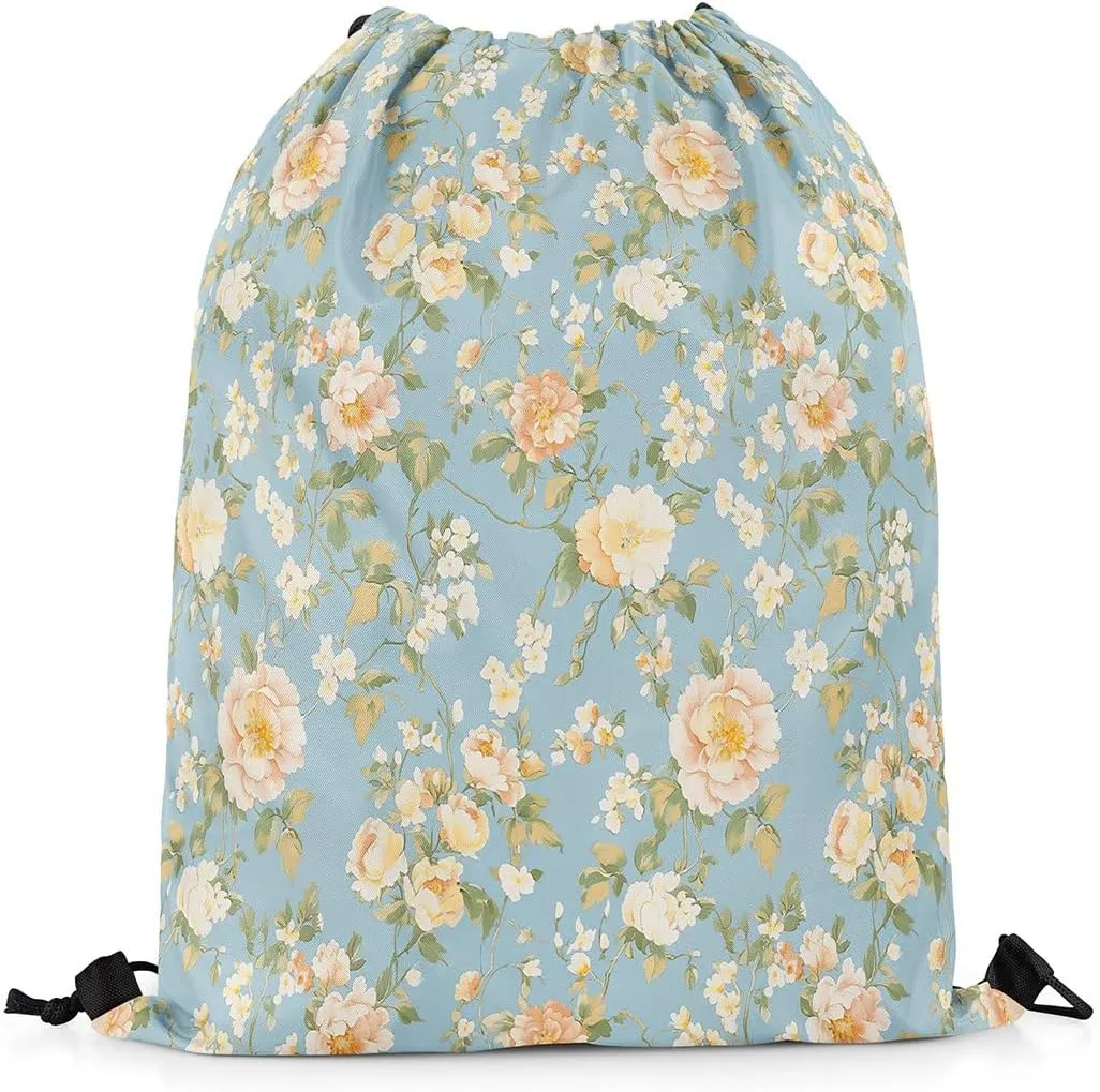 jejeloiu Blossom Floral Drawstring Backpack 13x15.7inch Botanical Flower Printed Waterproof Gym Drawstring Bags Green Sports String Backpack Beach Swim Travel Bag Sackpack