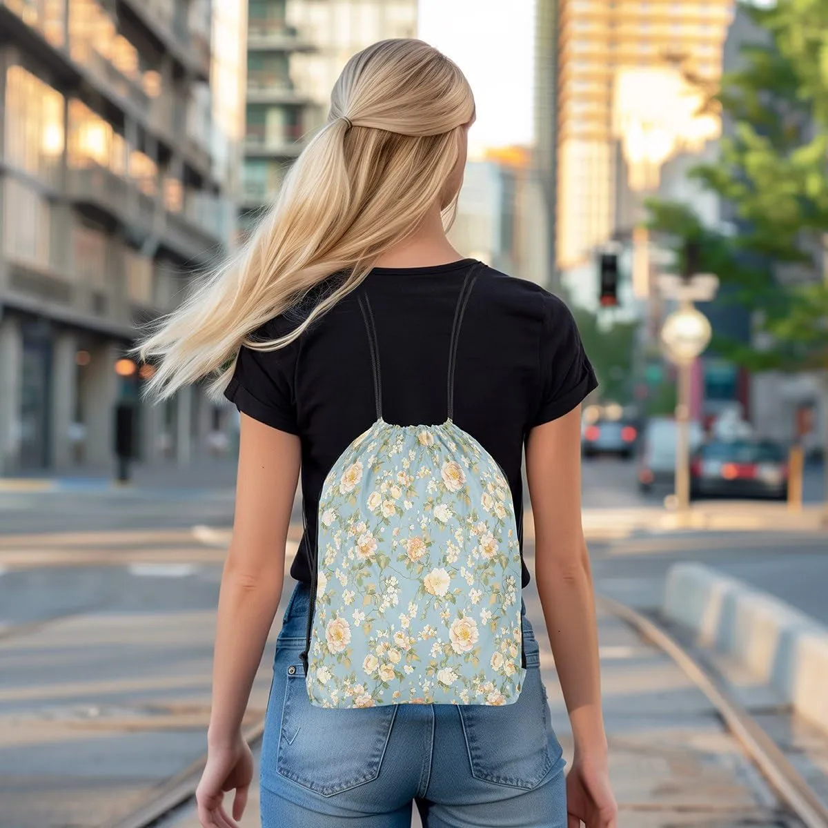 jejeloiu Blossom Floral Drawstring Backpack 13x15.7inch Botanical Flower Printed Waterproof Gym Drawstring Bags Green Sports String Backpack Beach Swim Travel Bag Sackpack