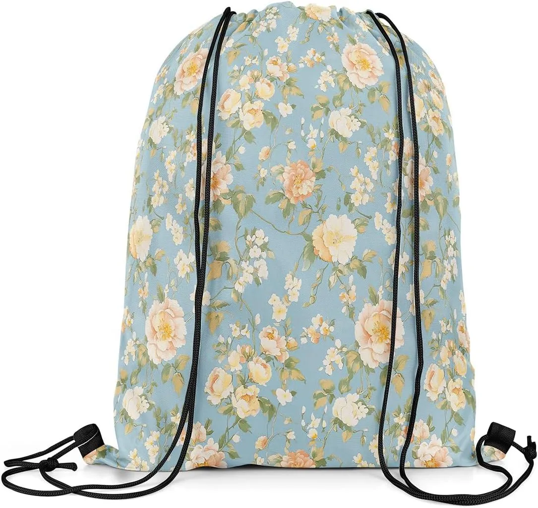 jejeloiu Blossom Floral Drawstring Backpack 13x15.7inch Botanical Flower Printed Waterproof Gym Drawstring Bags Green Sports String Backpack Beach Swim Travel Bag Sackpack
