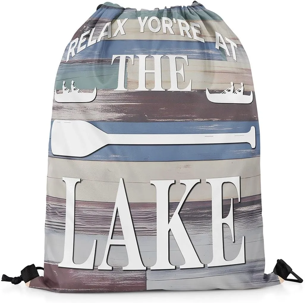 jejeloiu Lake House Drawstring Backpack 13x15.7inch Rustic Cabin Waterproof Gym Drawstring Bags Vintage Wood Sports String Backpack Beach Swim Travel Bag Sackpack