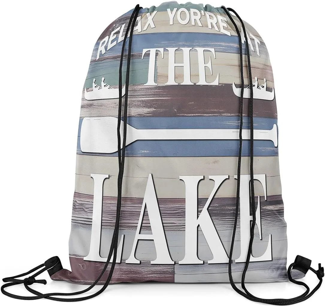 jejeloiu Lake House Drawstring Backpack 13x15.7inch Rustic Cabin Waterproof Gym Drawstring Bags Vintage Wood Sports String Backpack Beach Swim Travel Bag Sackpack
