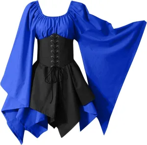 JIEMUXIU Womens Halloween Costumes 2025 Elf Gothic Vintage Patchwork Short Dress Plus Size Goth Dresses with Lace up Corset