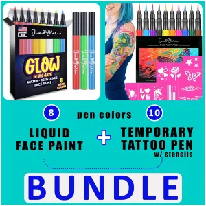 Jim&Gloria Face Paint Pen Glow In the Dark Sweatproof Smudge Proof WaterProof 8 Neon Rainbow Colors Plus Face Body Paint Or Tattoo 10 Colors Flexible Brush Tip Markers