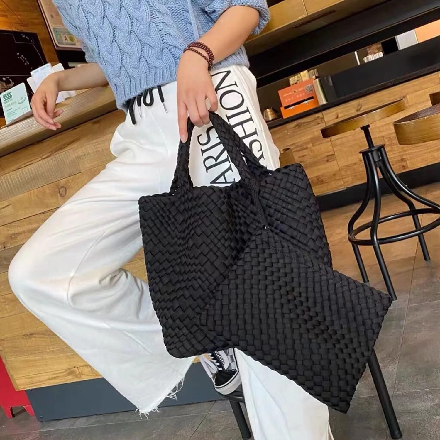 JINMANXUE Woven Hobo Bag For Women Neoprene Tote Bag Large Capacity Handbag Patchwork Handmade Casual Shoulder Bags