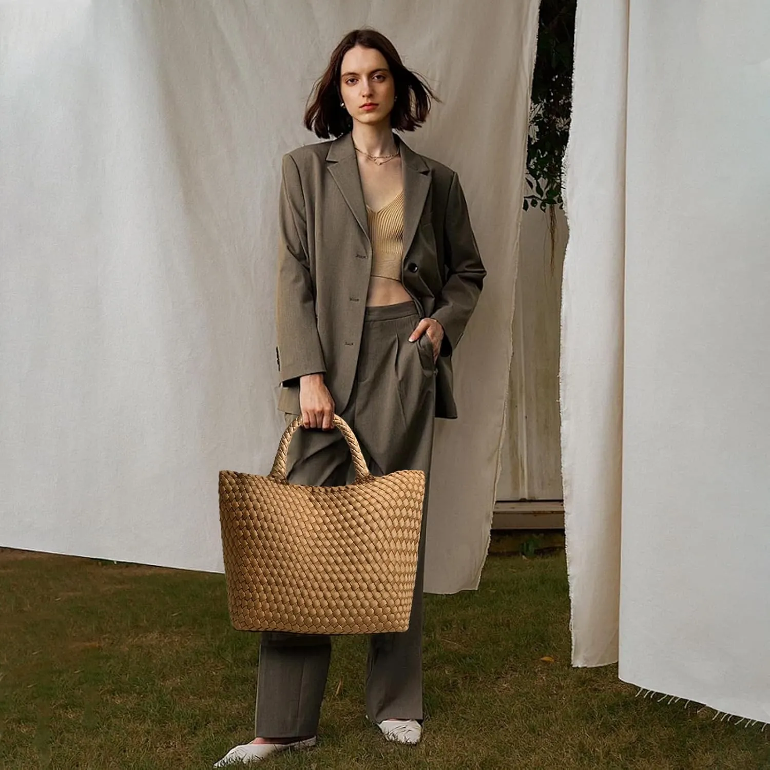 JINMANXUE Woven Hobo Bag For Women Neoprene Tote Bag Large Capacity Handbag Patchwork Handmade Casual Shoulder Bags