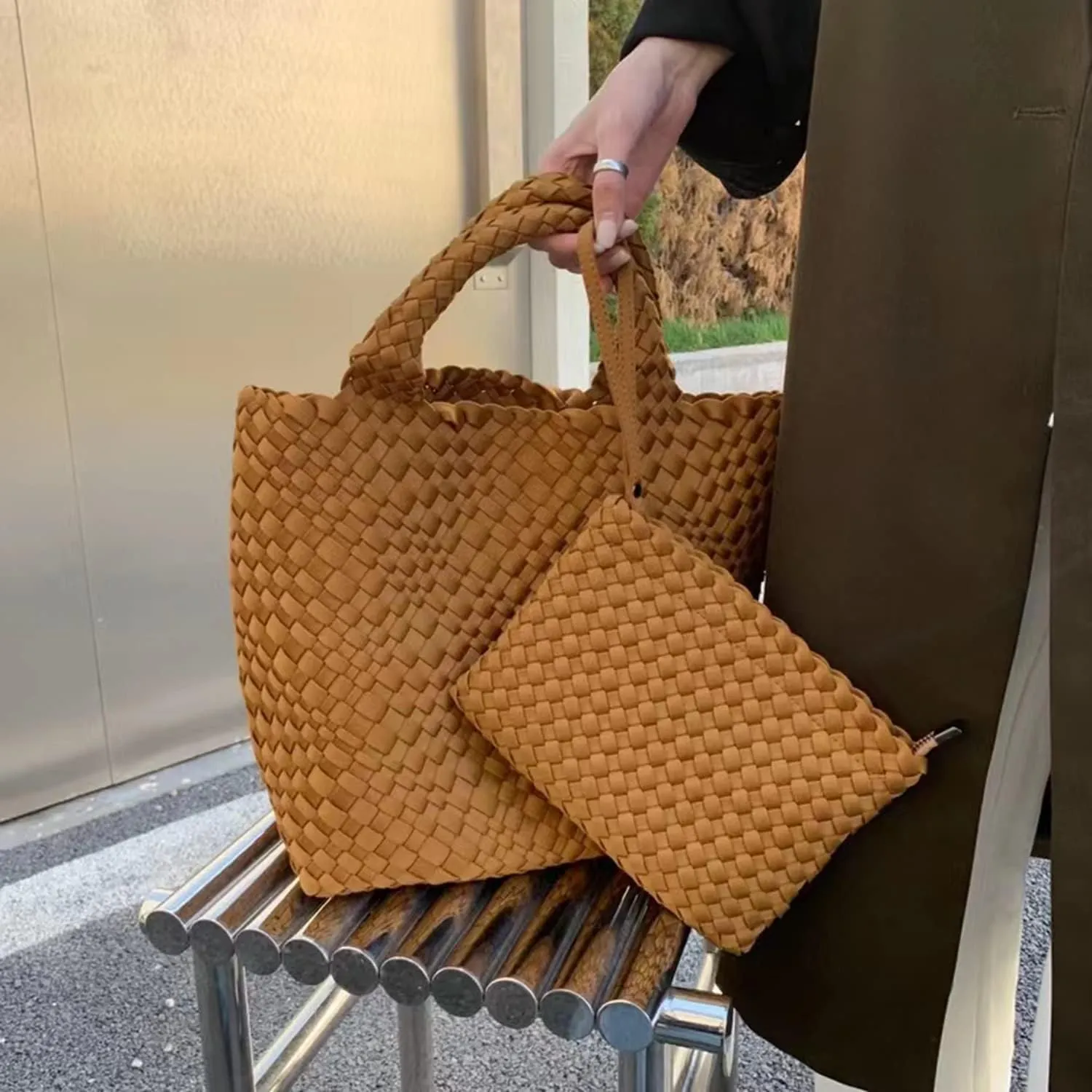JINMANXUE Woven Hobo Bag For Women Neoprene Tote Bag Large Capacity Handbag Patchwork Handmade Casual Shoulder Bags