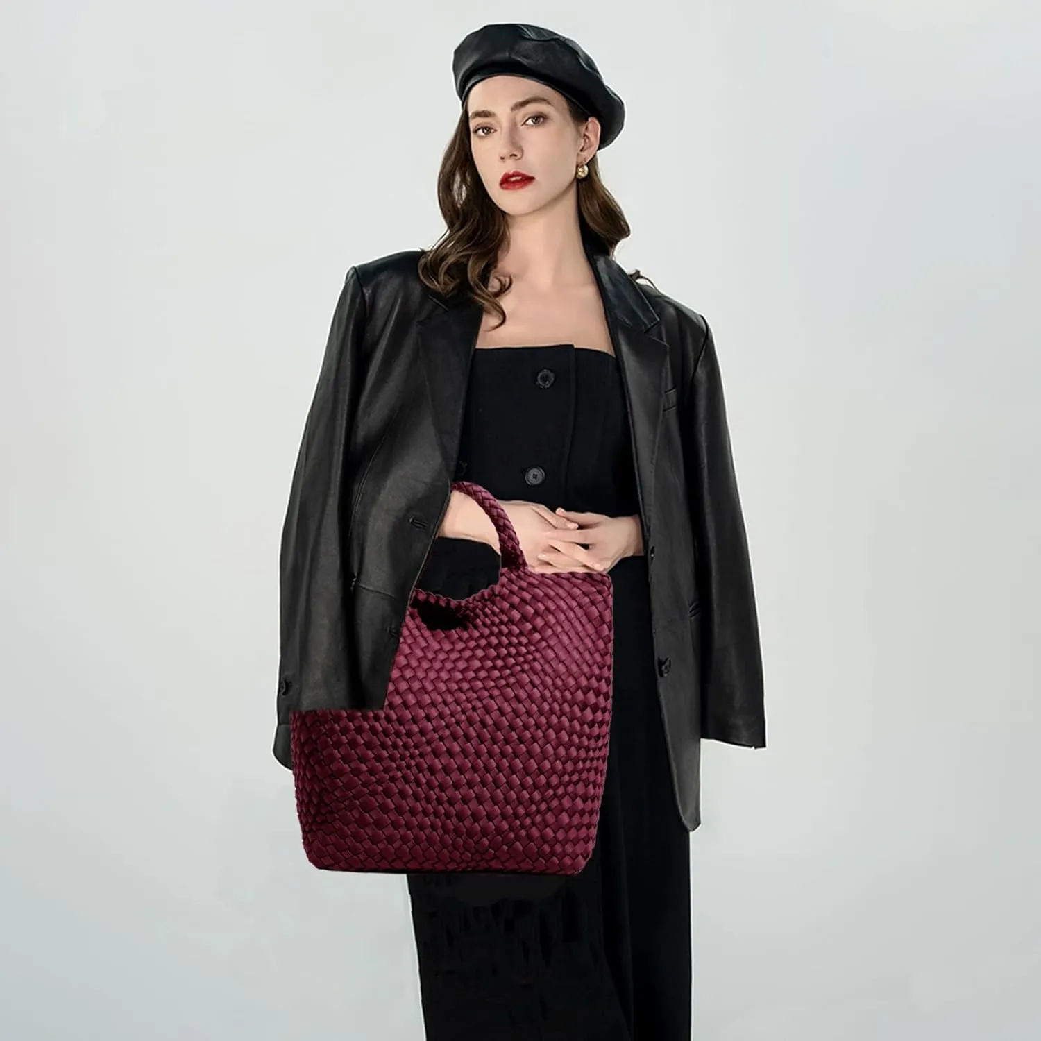JINMANXUE Woven Hobo Bag For Women Neoprene Tote Bag Large Capacity Handbag Patchwork Handmade Casual Shoulder Bags