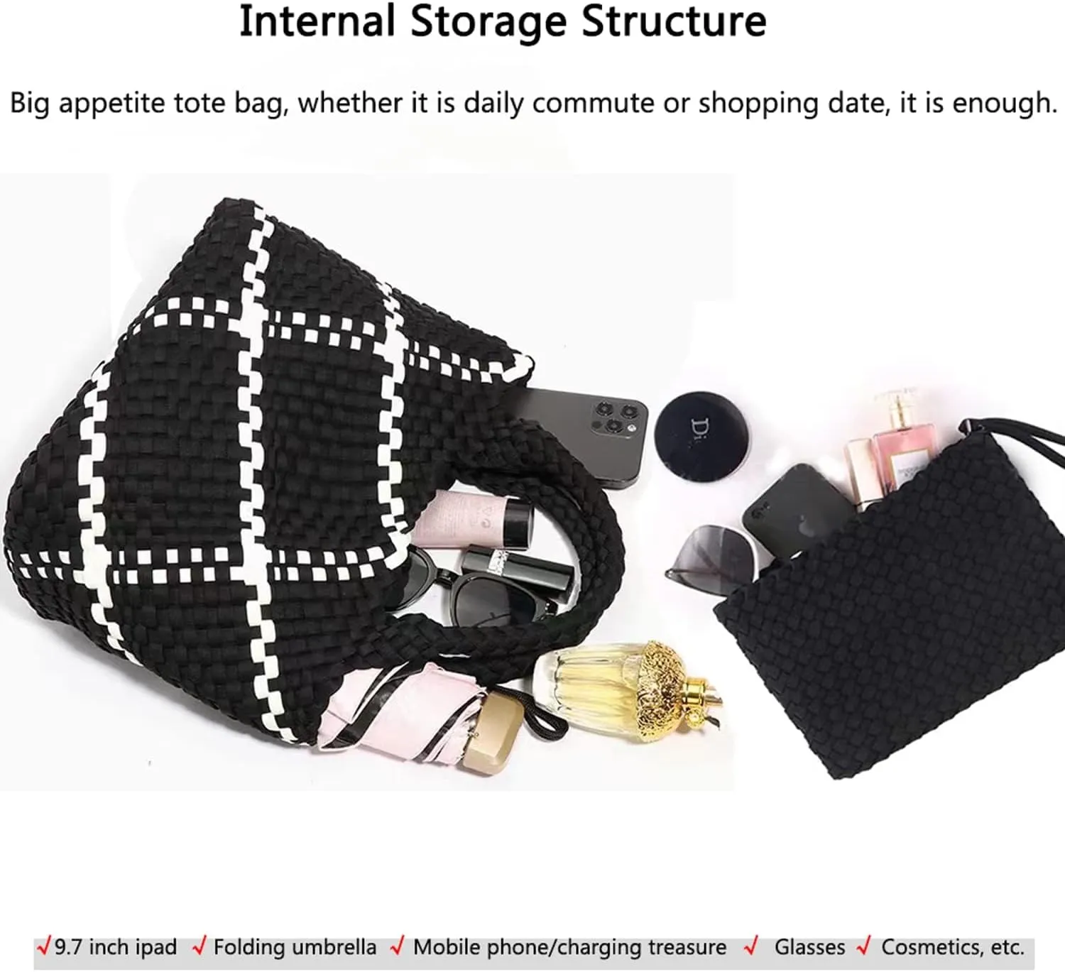 JINMANXUE Woven Hobo Bag For Women Neoprene Tote Bag Large Capacity Handbag Patchwork Handmade Casual Shoulder Bags