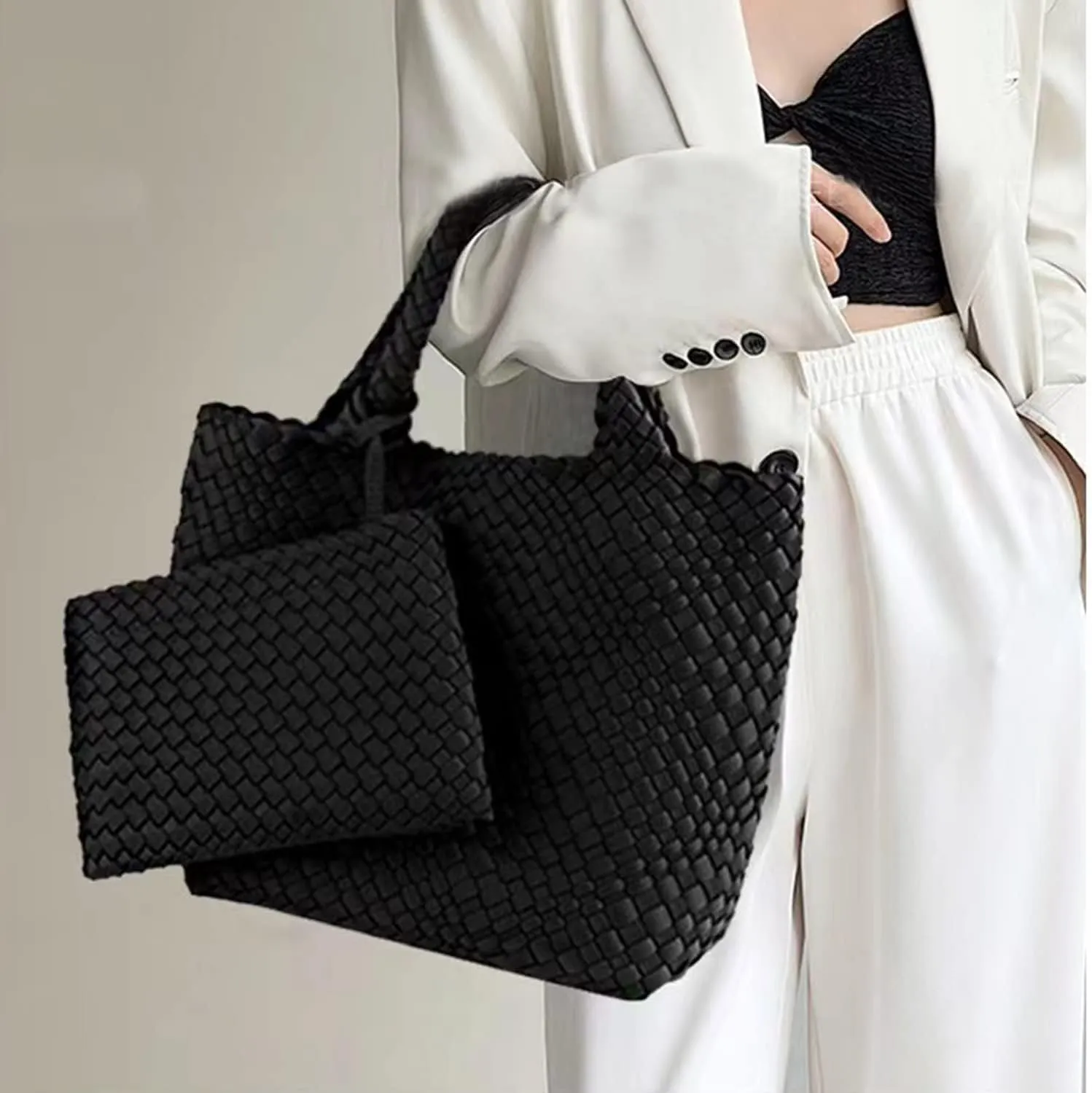 JINMANXUE Woven Hobo Bag For Women Neoprene Tote Bag Large Capacity Handbag Patchwork Handmade Casual Shoulder Bags