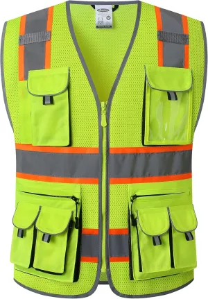 JKSafety 10 Pockets Hi-Vis Neon Color Frontal Zipper Mesh Safety Vest for Men Women Safety Utility for works Comply to ANSI/ISEA Class 2 (86-Yellow XL)
