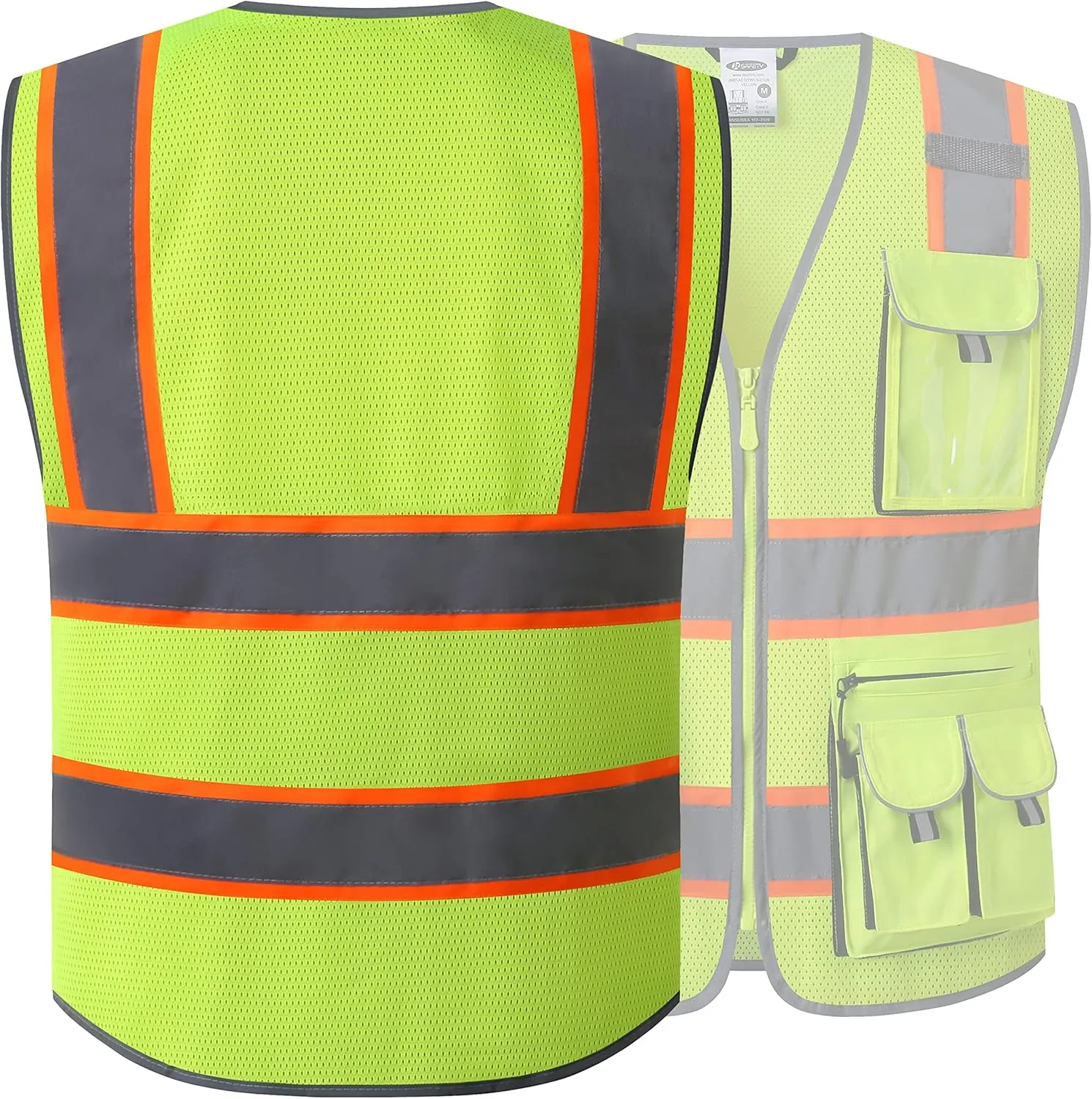 JKSafety 10 Pockets Hi-Vis Neon Color Frontal Zipper Mesh Safety Vest for Men Women Safety Utility for works Comply to ANSI/ISEA Class 2 (86-Yellow XL)