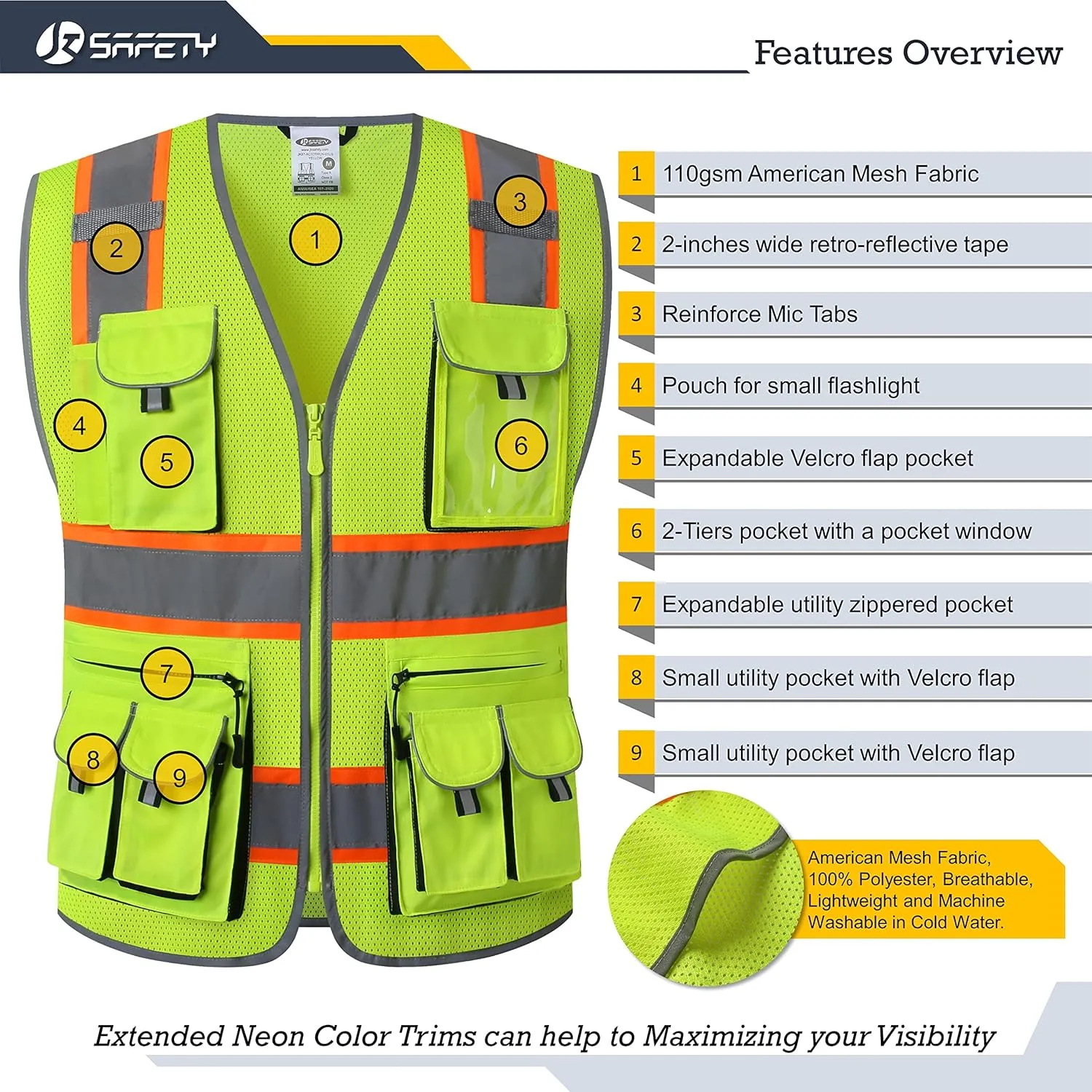 JKSafety 10 Pockets Hi-Vis Neon Color Frontal Zipper Mesh Safety Vest for Men Women Safety Utility for works Comply to ANSI/ISEA Class 2 (86-Yellow XL)