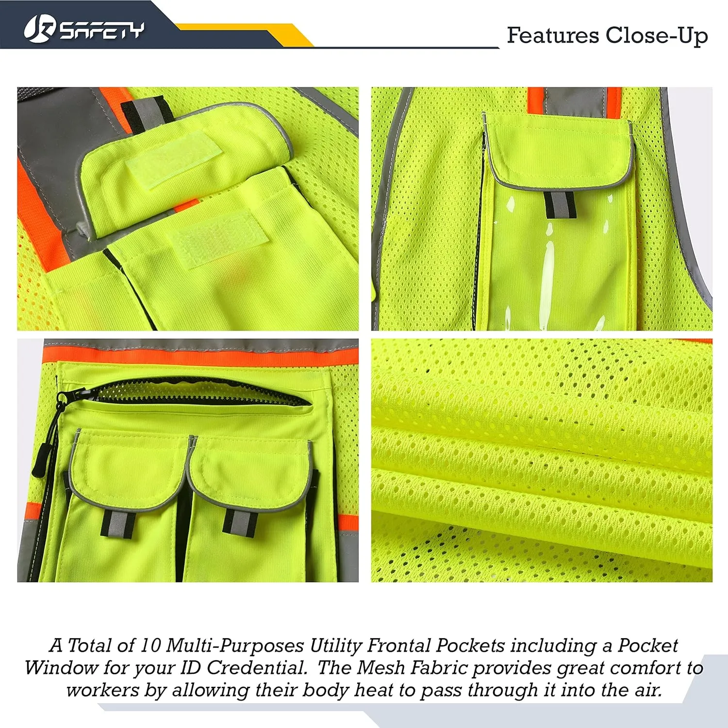 JKSafety 10 Pockets Hi-Vis Neon Color Frontal Zipper Mesh Safety Vest for Men Women Safety Utility for works Comply to ANSI/ISEA Class 2 (86-Yellow XL)