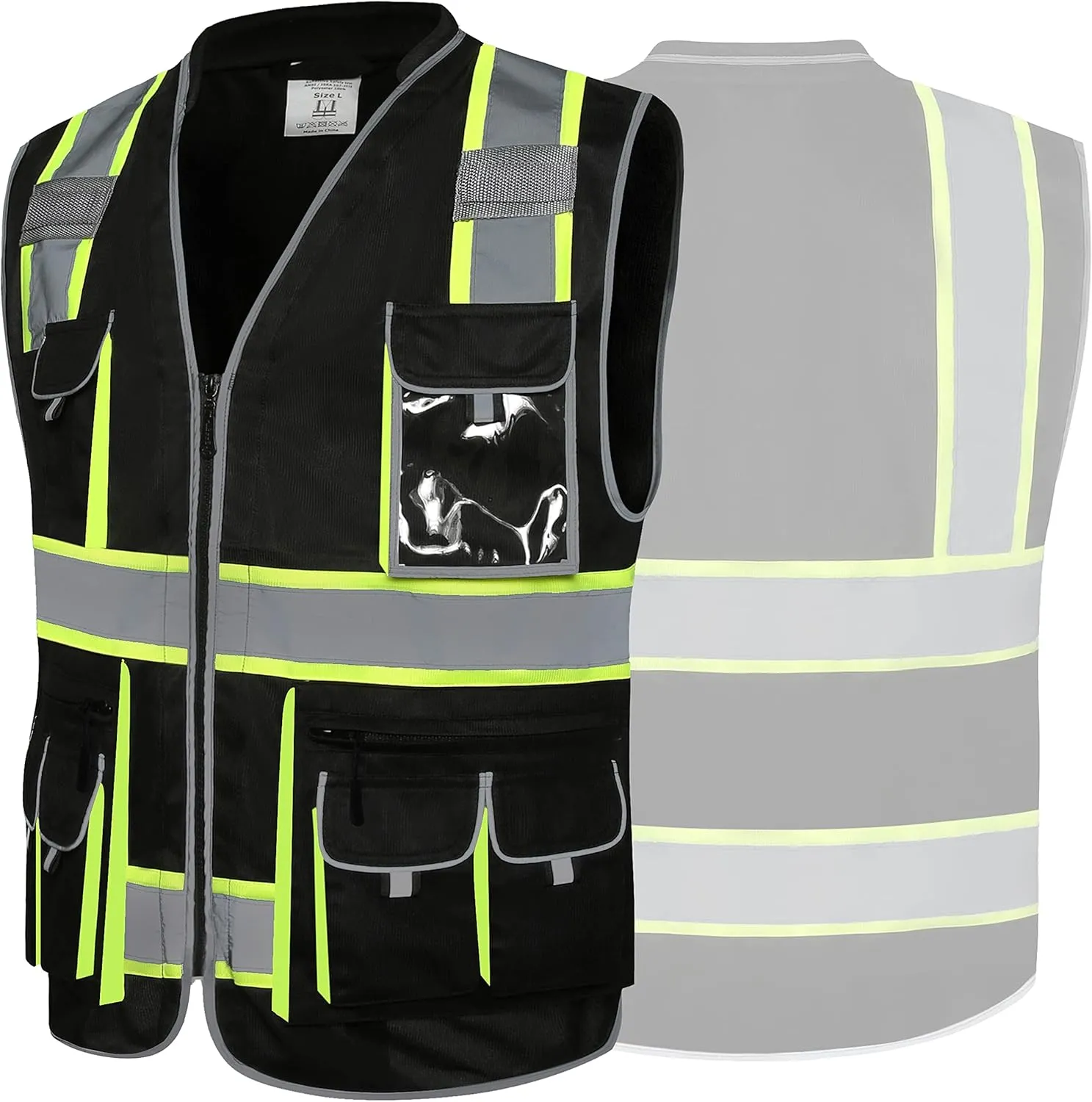 JKSafety 10 Pockets Hi-Vis Zipper Front Black Safety Vest | Cushioned Collar | High Reflective Tapes with Extended Neon Yellow Strips | Meets ANSI/ISEA Standards (3X-Large, 89-Black)